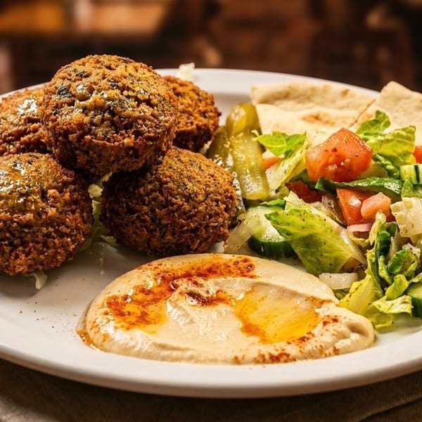 A plate of falafel, hummus, salad, pita bread, and pickles on a wooden table.