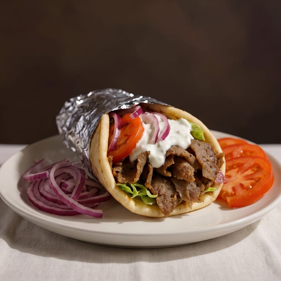 Gyro pita filled with sliced meat, lettuce, tomato, red onion, and creamy tzatziki on a plate.