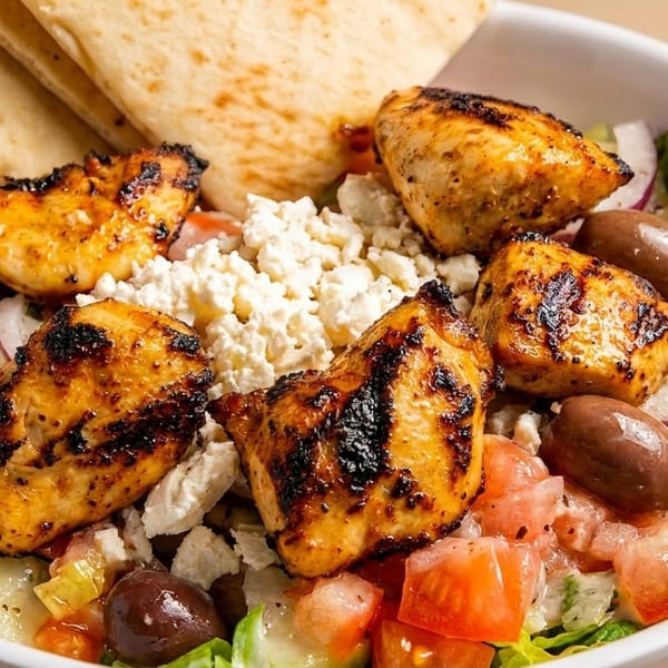 Grilled chicken pieces, feta cheese, olives, tomatoes, and cucumbers on a bed of lettuce with pita bread.