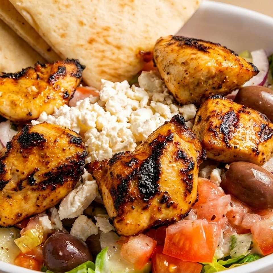 Grilled chicken pieces, feta cheese, olives, tomatoes, and cucumbers on a bed of lettuce with pita bread.