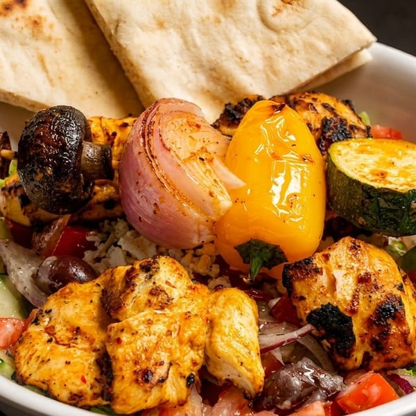 Grilled chicken and vegetable skewers with pita bread, salad, and rice in a white bowl.